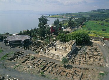 Aerial photograph of Capernaum at the Sea of Galilee, Israel