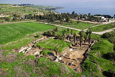 Aerial view of the ruins of Minya near the sea of Galilee, Israel