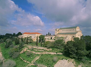 Aerial Church of Transfiguration on the summit of mount Tavor in the Lower Galilee, Israel