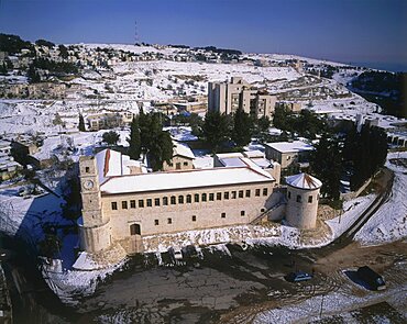 Aerial old city of Zefat in thr Upper Galilee after snow storm, Israel