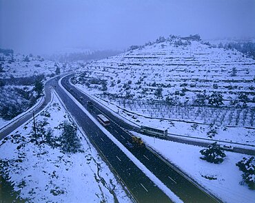 Aerial roads to Jerusalem during snow storm, Israel