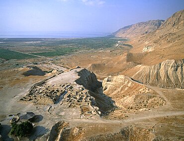 Aerial view of the ruins of Qumran in the Judea Desert, Israel