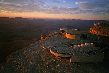 Aerial photograph of Mitz'pe Ramon's visitor center at sunrise, Israel