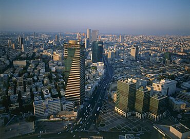 Aerial photograph of downtown Tel Aviv at dusk, Israel