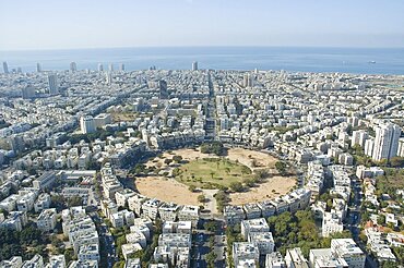 Aerial photograph of Kikkar Hamedina in Tel Aviv, Israel