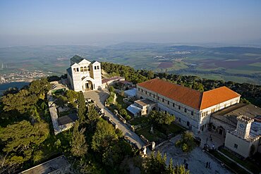 Aerial Transfiguration church on the summit of mount Tavor in the Lower Galilee, Israel