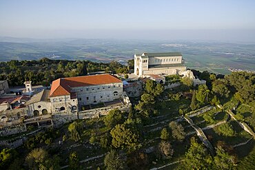 Aerial Transfiguration church on the summit of mount Tavor in the Lower Galilee, Israel