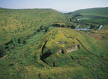 Aerial photograph of the ruins of the fortress of Ateret in Central Golan Heights dated to the Crusaders period, Israel