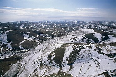 Aerial photograph of the snowy hills of Judea, Israel