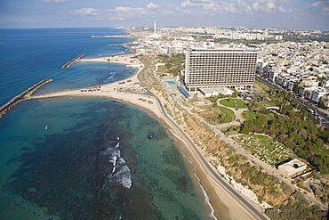 Aerial photograph of the coastline of Northern Tel Aviv, Israel