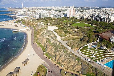 Aerial photograph of the coastline of Northern Tel Aviv, Israel