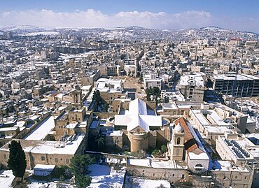 Aerial photograph of the church of the Nativity in the Judean city of Bethlehem, Israel