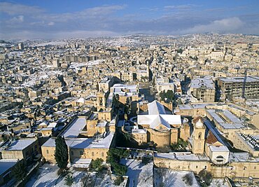 Aerial photograph of the church of the Nativity in Bethlehem Judea, Israel