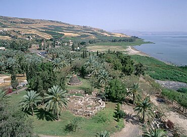 Aerial photograph of Tel Beit Yerah near the Sea of Galilee, Israel