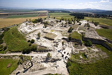 Aerial archeologic site of Megido in the Jezreel valley, Israel