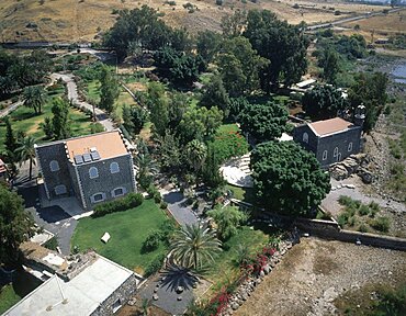 Aerial photograph of the church of Tabgha by the Sea of Galilee, Israel