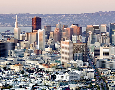 Downtown San Francisco with the Transamerica Pyramid and Market Street as viewed from Twin Peaks, San Francisco, California, United States of America, North America