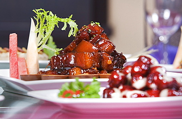 Shanghai specialty dish of red cooked pork served elegantly in a Chinese restaurant, Shanghai, China, Asia