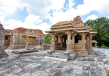 The Sas-Bahu Temples consisting of two temples and a stone archway with exquisite carvings depicting Hindu deities, near Udaipur, Rajasthan, India, Asia