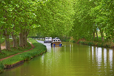 Navigation on the Canal du Midi, UNESCO World Heritage Site, between Carcassonne and Beziers, Aude, Languedoc Roussillon, France, Europe