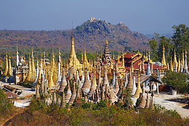 The 1045 stupas of Shwe Inn Thein temple, Inn Dein village, Inle Lake, Shan State, Myanmar (Burma), Asia