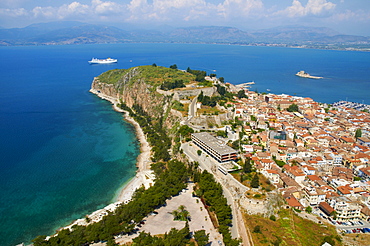 Nafplion city, Bourtzi island and a cruise ship, Peloponnese, Greece, Europe