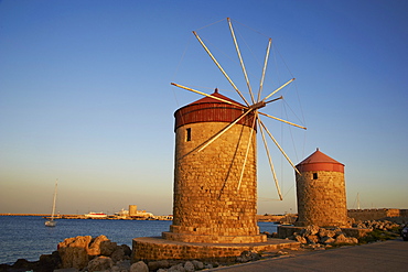 Windmills and Agios Nikolaos, Rhodes City, Rhodes, Dodecanese, Greek Islands, Greece, Europe