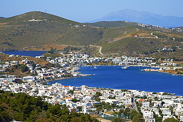 View over Skala, Patmos, Dodecanese, Greek Islands, Greece, Europe