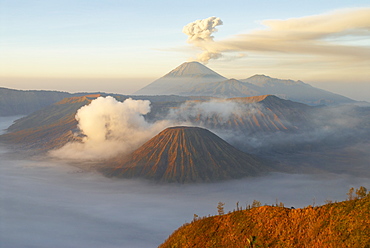 Mount Bromo, a volcano reaching 2392m, and Mount Semeru at 3676m early in the morning, Java, Indonesia, Southeast Asia, Asia