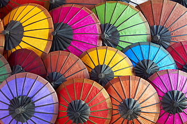 Handmade paper umbrellas in the night market, Luang Prabang, Laos, Indochina, Southeast Asia, Asia