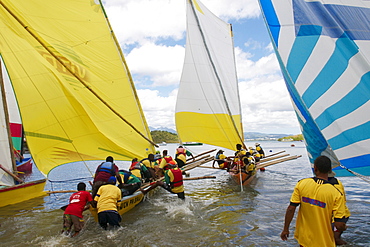 Gommier (traditional boat) race, Les Trois-Ilets, Martinique, French West Indies, Caribbean, Central America