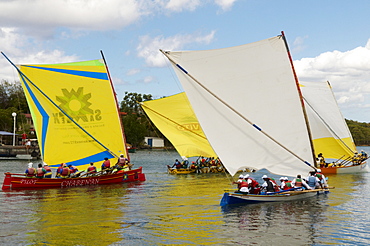 Gommier (traditional boat) race, Les Trois-Ilets, Martinique, French West Indies, Caribbean, Central America