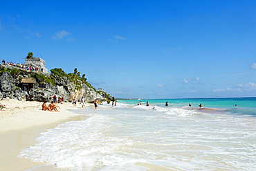 Beach on Caribbean coast below the ancient Mayan site of Tulum, Quintana Roo, Mexico, North America