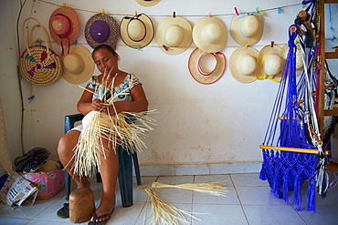 Maya woman making Panama hat, Becal, Campeche state, Mexico, North America