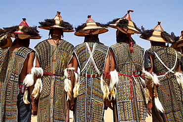 Back view of a group of Wodaabe (Bororo) men at the annual Gerewol male beauty contest, the general reunion of West Africa for the Wodaabe Peul (Bororo Peul) people, Niger, West Africa, Africa