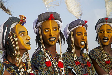 Wodaabe-Bororo men with faces painted at the annual Gerewol male beauty contest, a general reunion of West African Wodaabe Peuls (Bororo Peul), Niger, West Africa, Africa