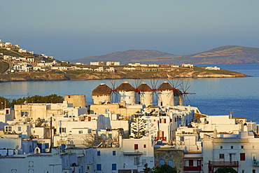 Five windmills (Kato Mili), old harbour, Mykonos town, Chora, Mykonos Island, Cyclades, Greek Islands, Greece, Europe