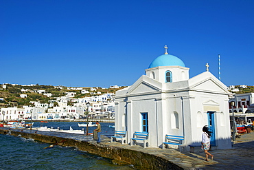 Blue church and old harbour, Mykonos Town, Chora, Mykonos Island, Cyclades, Greek Islands, Greece, Europe