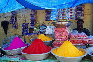 Coloured powders for sale, Channapatna village, Mysore, Karnataka, India, Asia