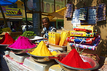 Coloured powders for sale, Channapatna village, Mysore, Karnataka, India, Asia