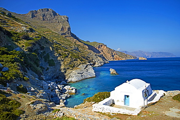 Beach and church, Agia Anna, Amorgos, Cyclades, Aegean, Greek Islands, Greece, Europe