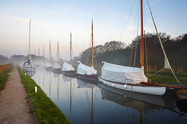 A misty spring morning at Horsey Staithe, Horsey, Norfolk, England, United Kingdom, Europe