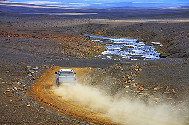 A four wheel drive vehicle on the Sprengisandur Route, Interior Region, Iceland, Polar Regions