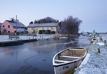 A frosty winter morning in the Norfolk Broads at West Somerton Staithe, Norfolk, England, United Kingdom, Europe