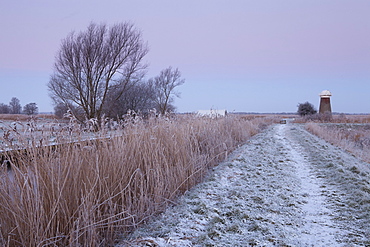 A frosty morning in the Norfolk Broads showing the mill and staithe at West Somerton, Norfolk, England, United Kingdom, Europe