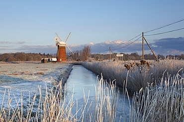 A frosty winter morning in the Norfolk Broads showing Horsey Mill, Horsey, Norfolk, England, United Kingdom, Europe