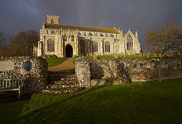 Storm clouds over St. Margarets Church at Cley next the Sea, Norfolk, England, United Kingdom, Europe