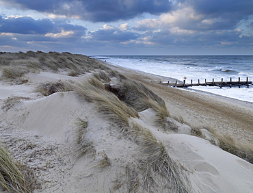 The sand dunes and beach at Horsey on a moody evening, Norfolk, England, United Kingdom, Europe