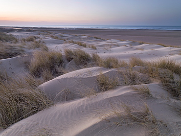 Twilight at the dunes and beach at Holkham Bay, Norfolk, England, United Kingdom, Europe