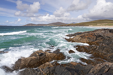 A stormy sea on a bright day at Traigh Iar near Horgabost, Isle of Harris, Outer Hebrides, Scotland, United Kingdom, Europe